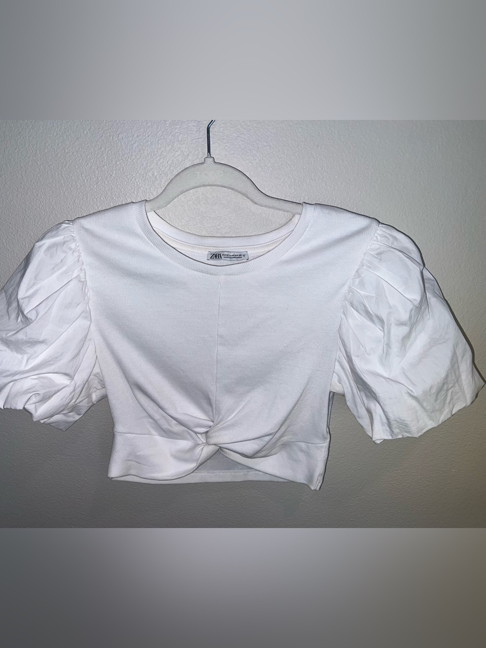 ZARA White Twist-Front Puff Sleeve Crop Top